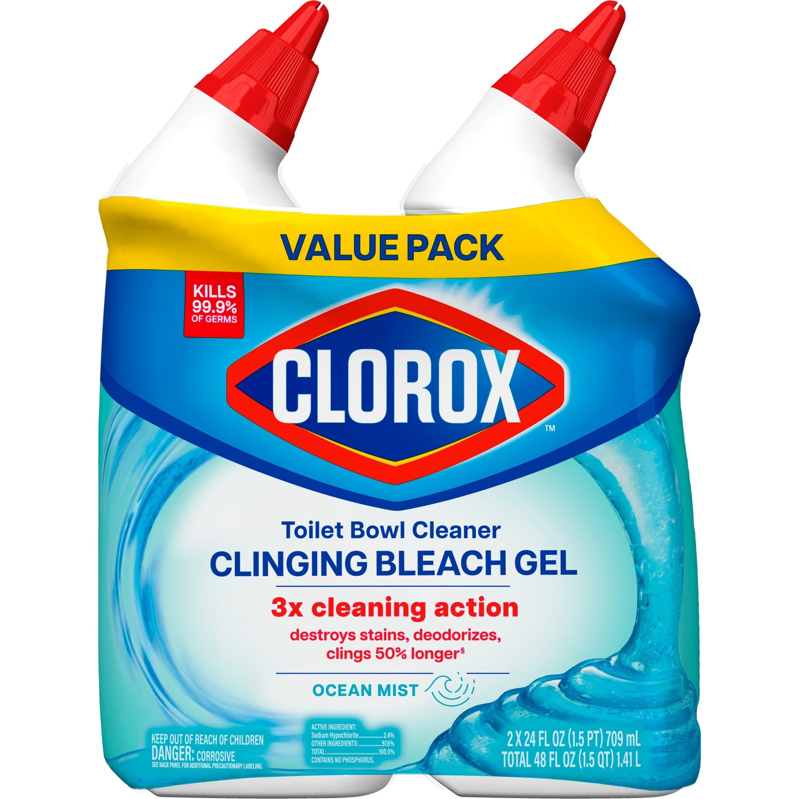 Clorox Toilet Bowl Cleaner Clinging Bleach Gel, Ocean Mist, 24 fl oz, 2 Pack - Image 3