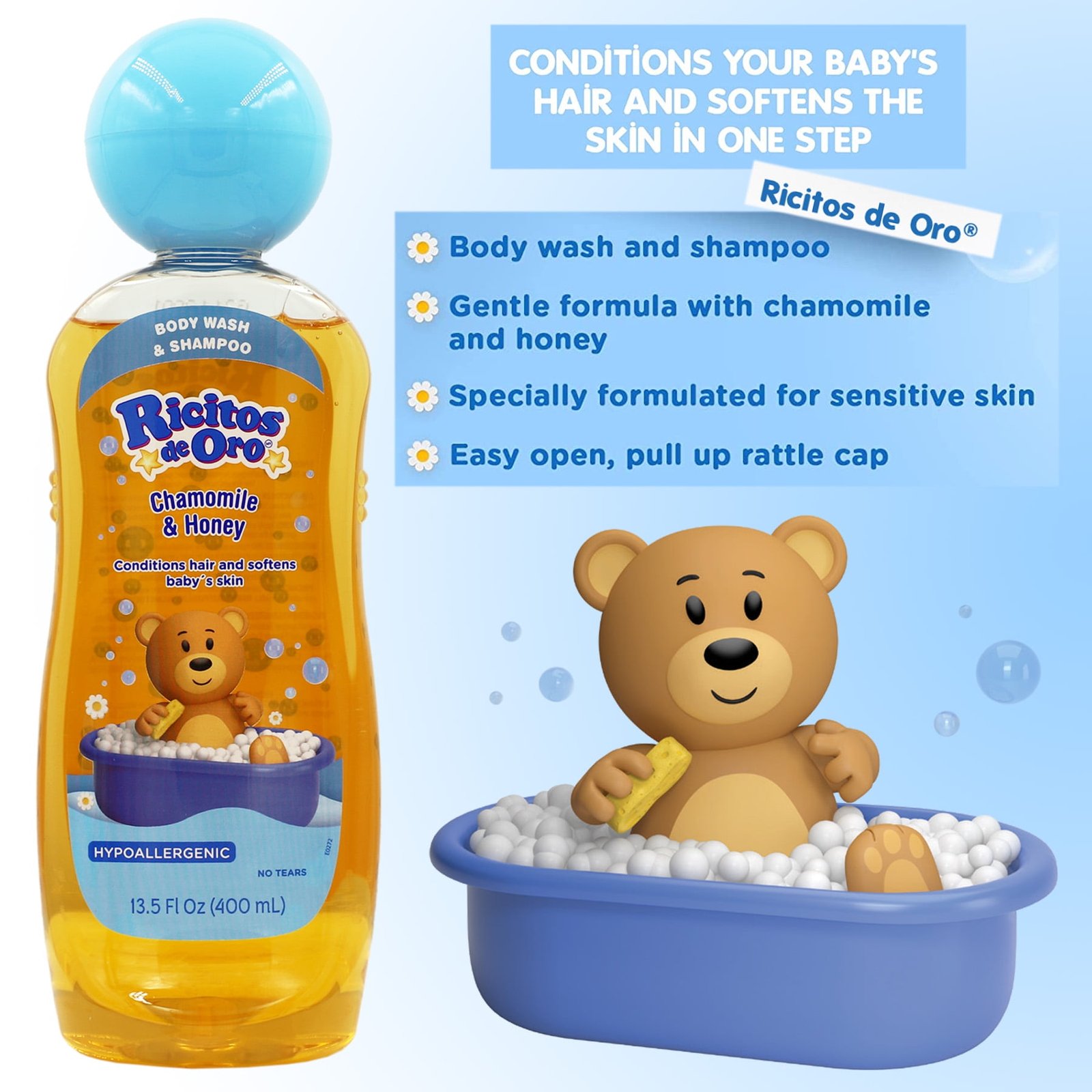 Ricitos De Oro 2 in 1 Baby Hair and Body Wash Shampoo, 13.5 fl oz - Image 3