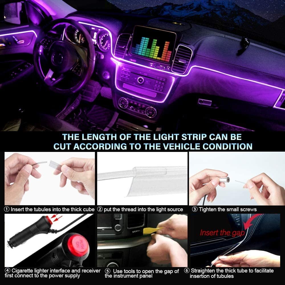 LED Car Interior Atmosphere Lights Strip 6M 5in1 RGB Optic Music ControlNeon Lamp Strip Universal - Image 4