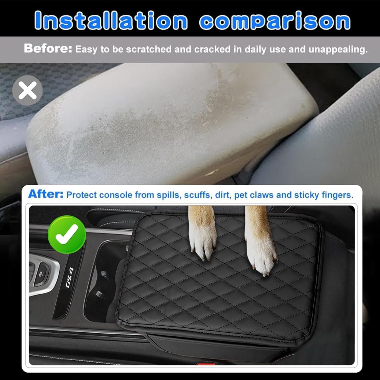 GrowAlong Universal Car Center Console Armrest Cover for Vehicle, Black PU Leather Pad Protector with 2 Storage Bags - Image 3