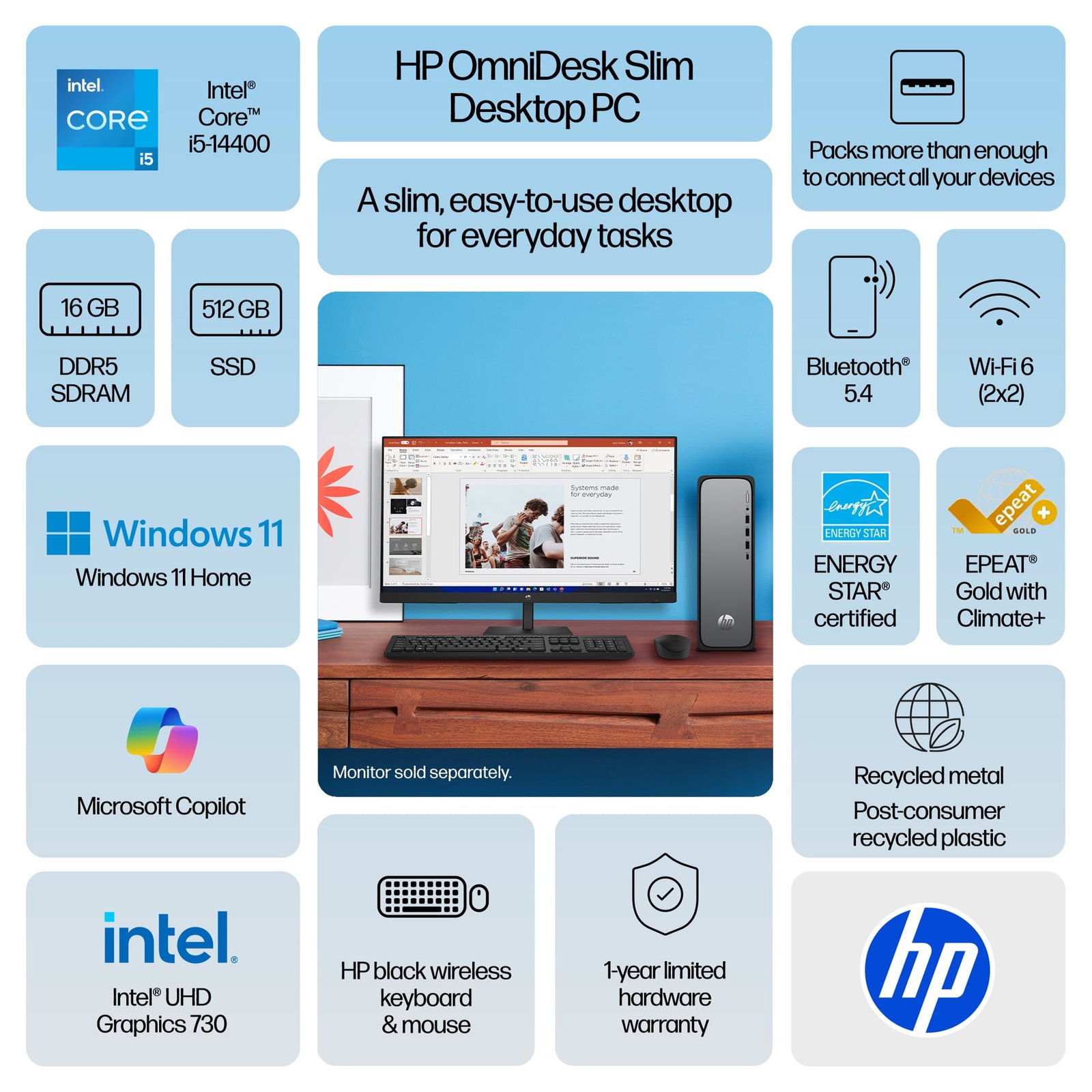 HP OmniDesk Slim Desktop PC Intel Core i5 16GB RAM 512GB SSD Windows 11 Home Meteor Silver - Image 2