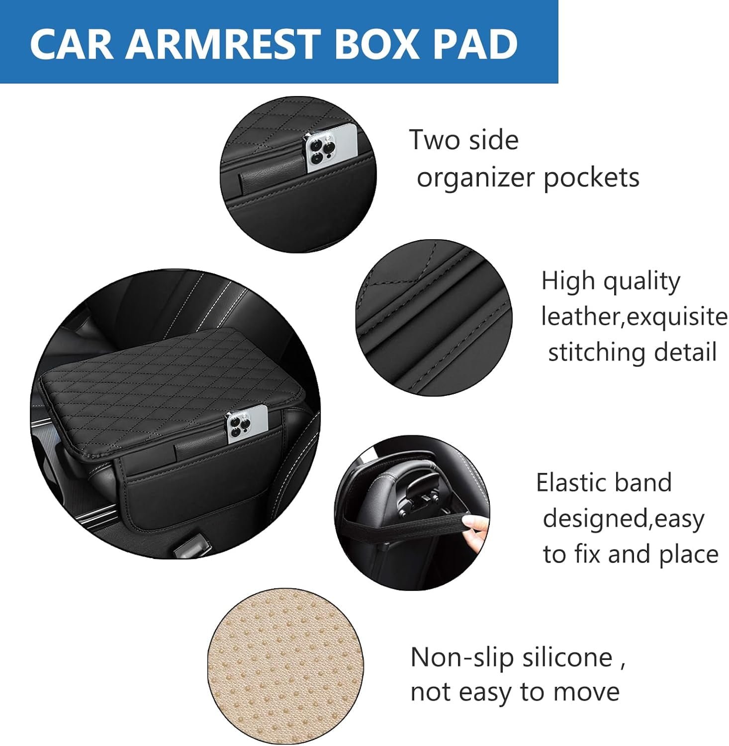 GrowAlong Universal Car Center Console Armrest Cover for Vehicle, Black PU Leather Pad Protector with 2 Storage Bags - Image 7