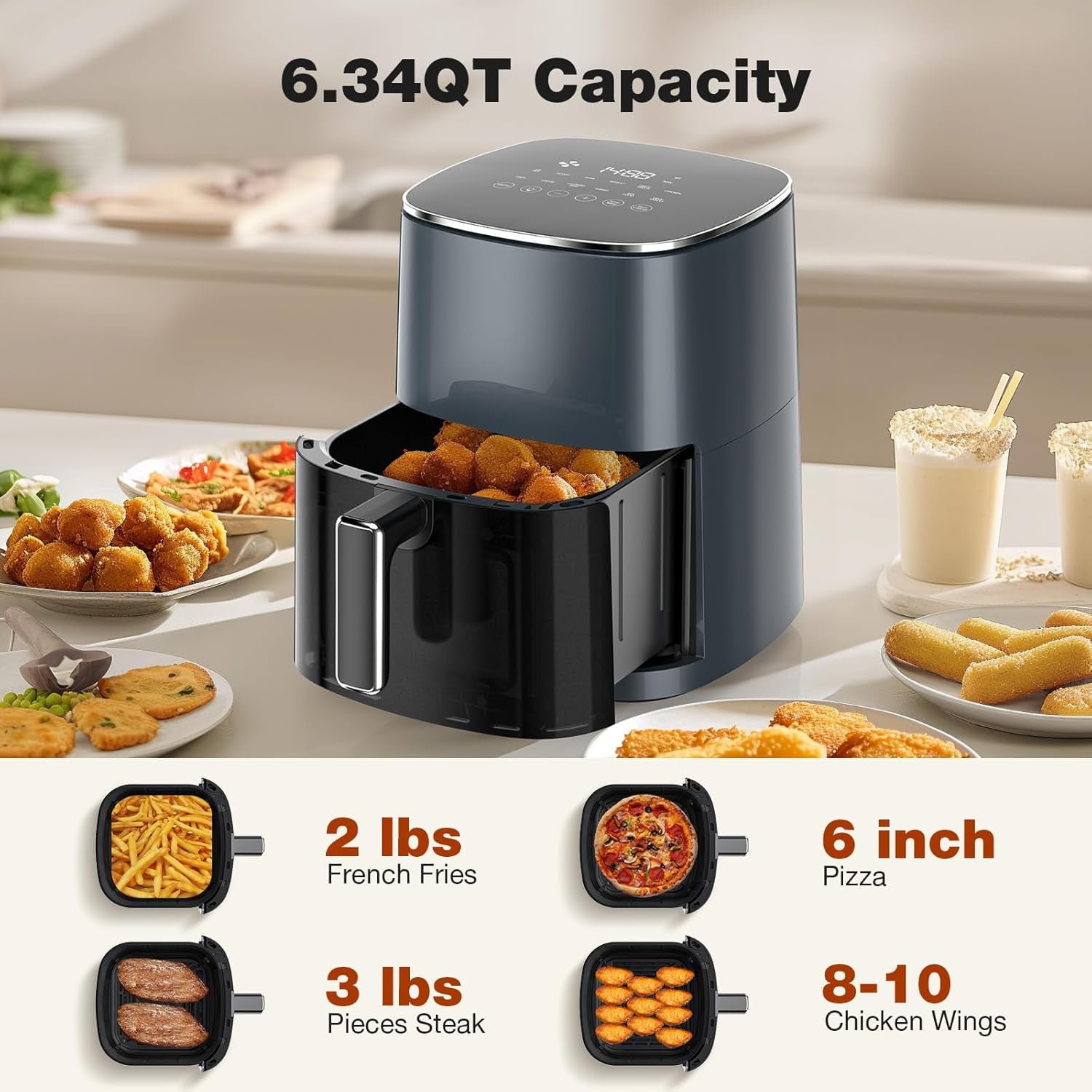 6QT Square Air Fryer with Window, 12-in-1 Crispy Technology, Nonstick & Easy-Clean Basket, Grey - Image 2