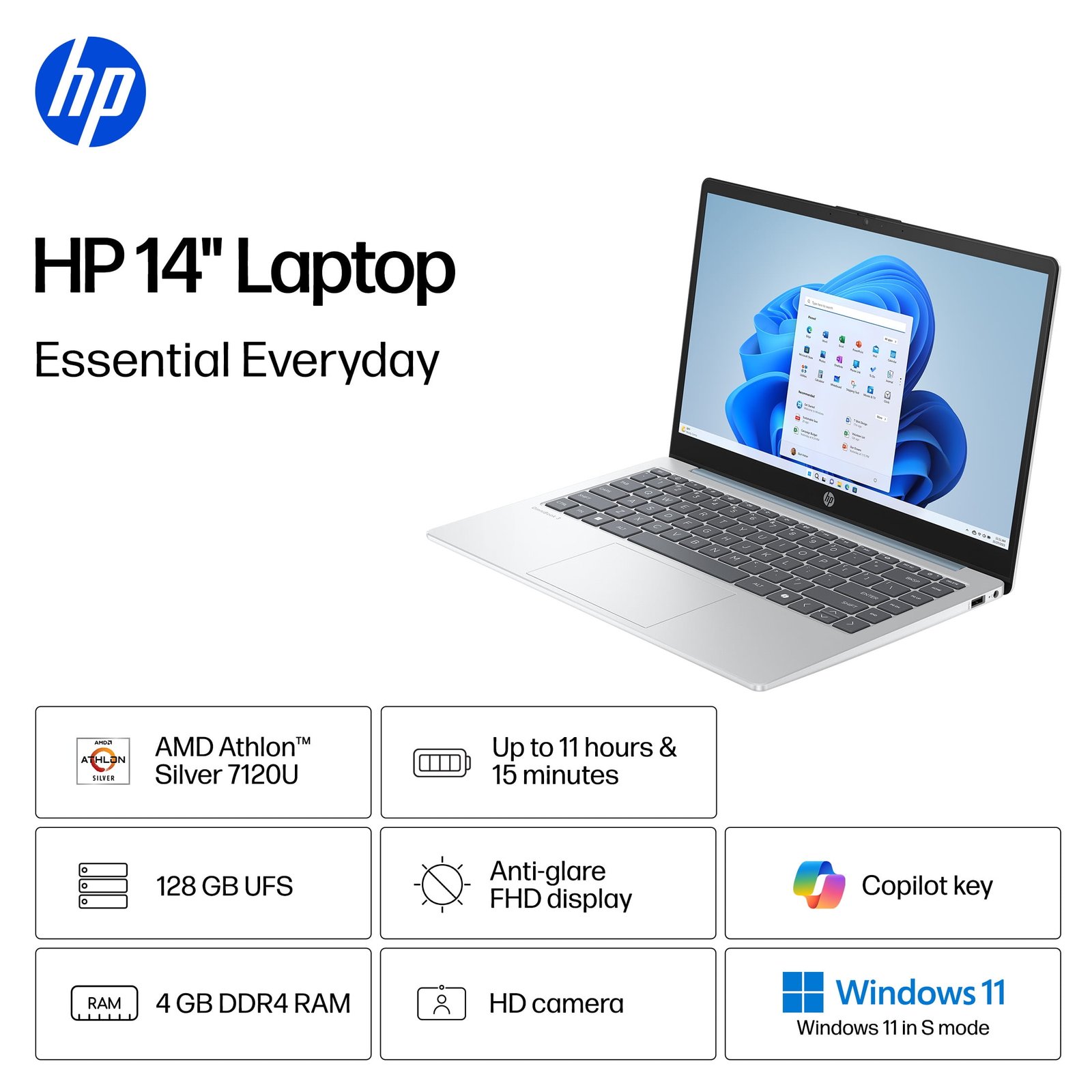 HP 14 inch HD Windows Laptop AMD Athlon 7120 4GB RAM 128GB UFS Moonlight Blue - Image 2