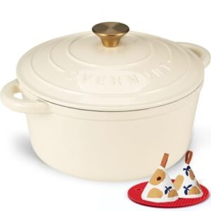 Alternative view of Overmont Enameled Cast Iron Dutch Oven - 5.5QT Pot with Lid Cookbook & Cotton Potholders - Heavy-Duty Cookware for Braising, Stews, Roasting, Bread Baking Cream White