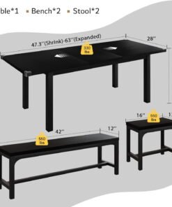 iPormis 5-Piece Dining Table Set for 4-8 People, Extendable Kitchen Table Set with 2 Benches and 2 Square Stools, Black - High Quality Product Image