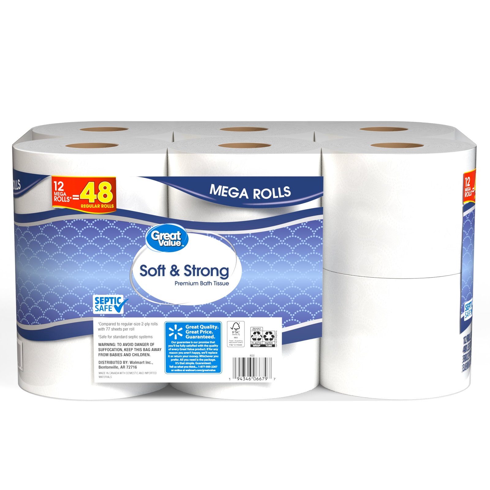 Great Value Soft & Strong Premium Toilet Paper, 12 Mega Rolls, 380 Sheets per Roll - Image 5