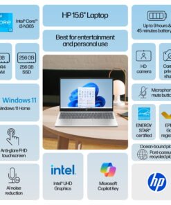 HP 15.6 inch Windows 11 Touch Laptop Intel Core i3-N305 8GB RAM 256GB SSD Moonlight Blue - High Quality Product Image