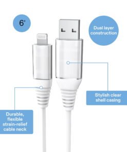 onn 6ft Lightning to USB Charging Cable, MFI Certified, White - Compatible with iPhone 14/13/12/11/X/XR/XS/8/7/6/5, iPad, Airpods and more - High Quality Product Image