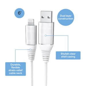 Alternative view of onn 6ft Lightning to USB Charging Cable, MFI Certified, White - Compatible with iPhone 14/13/12/11/X/XR/XS/8/7/6/5, iPad, Airpods and more