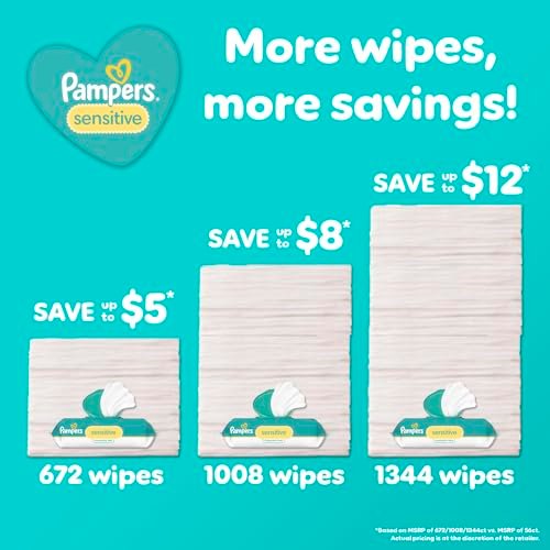 Pampers Sensitive Baby Wipes, Water Based, Hypoallergenic and Unscented, 8 Flip-Top Packs, 4 Refill Packs (1008 Wipes Total) - Image 5
