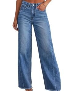 Sidefeel Women's Wide Leg Jeans High Waisted Stretchy Raw Hem Zimbaplatinum Denim Pants - High Quality Product Image