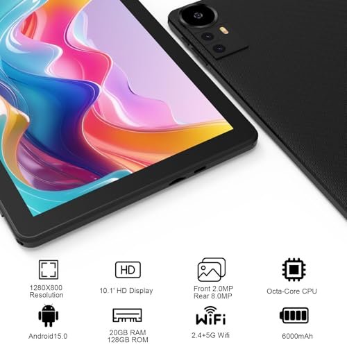 Android 15 Tablet 10.1" 20GB RAM, 128GB ROM/2TB Expandable, Quad-core 2.0GHz, HD Screen, 5G WiFi6 BT 5.0, 2-in-1 Tablets - Image 4