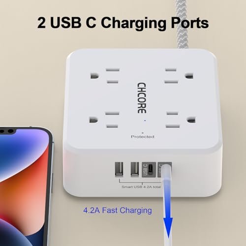 Surge Protector Power Strip - CHCORE 5Ft Braided Extension Cord with 8 Outlets with 4 USB (2 USB C) Charging Ports, Flat Plug Multi Plug Outlet Extend - Image 4