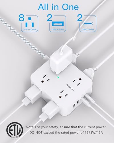 Surge Protector Power Strip - HANYCONY 8 Outlets 4 USB (2 USB C) Charging Ports, Multi Plug Outlet Extender, 5Ft Braided Extension Cord, Flat Plug Wal - Image 3