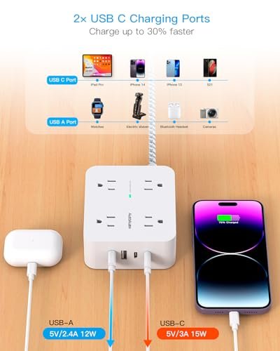 Surge Protector Power Strip - HANYCONY 8 Outlets 4 USB (2 USB C) Charging Ports, Multi Plug Outlet Extender, 5Ft Braided Extension Cord, Flat Plug Wal - Image 6