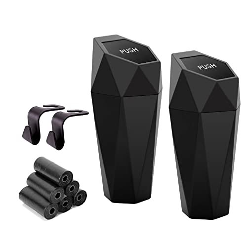 Ginsco Car Trash Can Cup Holder, 2 Pack Mini Trash Can with Lid, Car Accessories for Interior, Leakproof Small Trash Cup for Home with Additional 2 ABS Hooks and 90pcs Trash Bags Black - Image 2