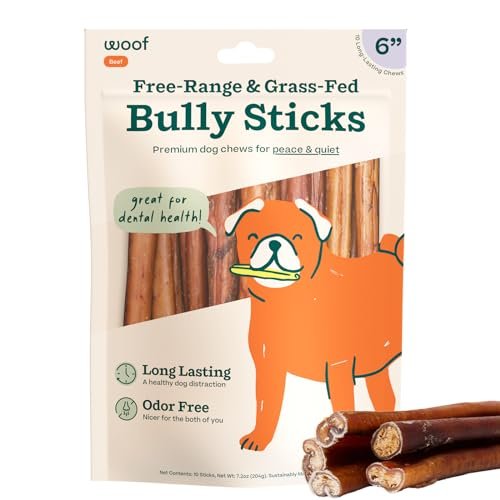 WOOF Bully Sticks Dog Treats - Chew Sticks for Dogs - Long-Lasting Dog Chew Treats - Made with Free-Range, Grass-Fed Beef - 6" Sticks - 10pk - Image 2