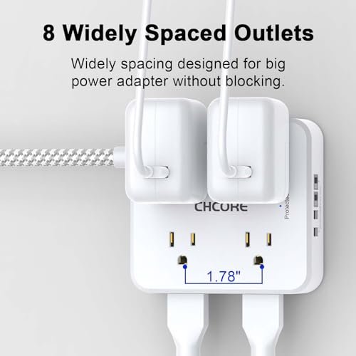 Surge Protector Power Strip - CHCORE 5Ft Braided Extension Cord with 8 Outlets with 4 USB (2 USB C) Charging Ports, Flat Plug Multi Plug Outlet Extend - Image 5