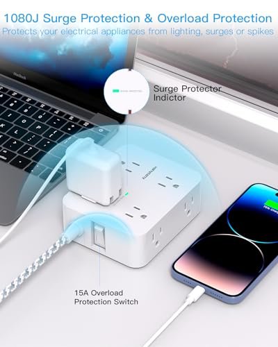 Surge Protector Power Strip - HANYCONY 8 Outlets 4 USB (2 USB C) Charging Ports, Multi Plug Outlet Extender, 5Ft Braided Extension Cord, Flat Plug Wal - Image 4