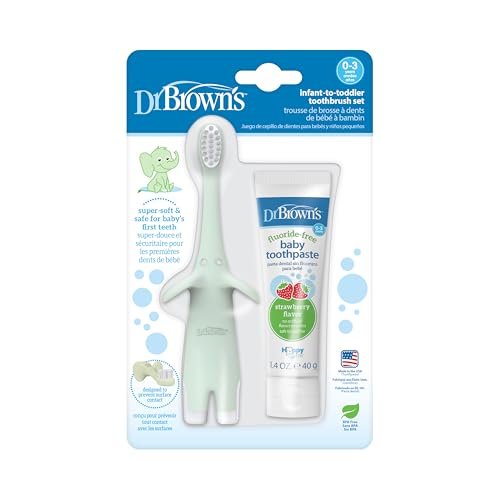 Dr. Brown’s Infant-to-Toddler Training Toothbrush Set, Mint Elephant with Fluoride-Free Strawberry Baby Toothpaste, 0-3 years - Image 7