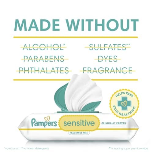 Pampers Sensitive Baby Wipes, Water Based, Hypoallergenic and Unscented, 8 Flip-Top Packs, 4 Refill Packs (1008 Wipes Total) - Image 6