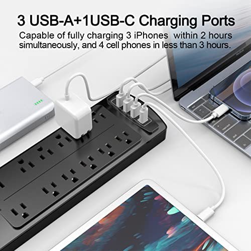 Power Strip, ALESTOR Surge Protector with 12 Outlets and 4 USB Ports, 6 Feet Extension Cord (1875W/15A), 2700 Joules, ETL Listed, Black - Image 5