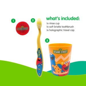 Alternative view of Brush Buddies Sesame Street Elmo Kids Manual Soft Bristle Toothbrush, Rinse Cup, and Travel Cap, 3 Piece Set