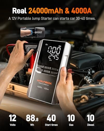 WOLFBOX 4000A Jump Starter with 160PSI Air Compressor, 12V Car Battery Booster, 65W Fast Charge, 88.8Wh Portable Tire Inflator, LED Display for 10L Ga - High Quality Product Image