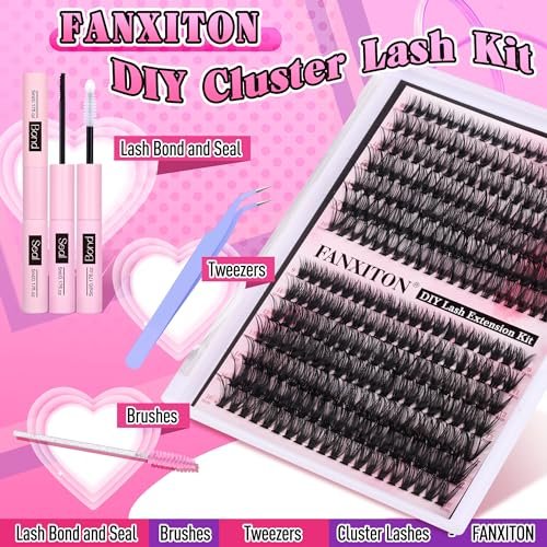 FANXITON DIY Individual Eyelash Extension Kit, Thick Volume Lash Clusters 40D+50D D Curvature, 280 Pieces Thin Band Cluster Lashes with Bond and Seal Tweezers - Image 2