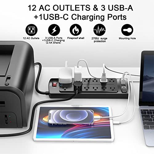 Power Strip, ALESTOR Surge Protector with 12 Outlets and 4 USB Ports, 6 Feet Extension Cord (1875W/15A), 2700 Joules, ETL Listed, Black - Image 3