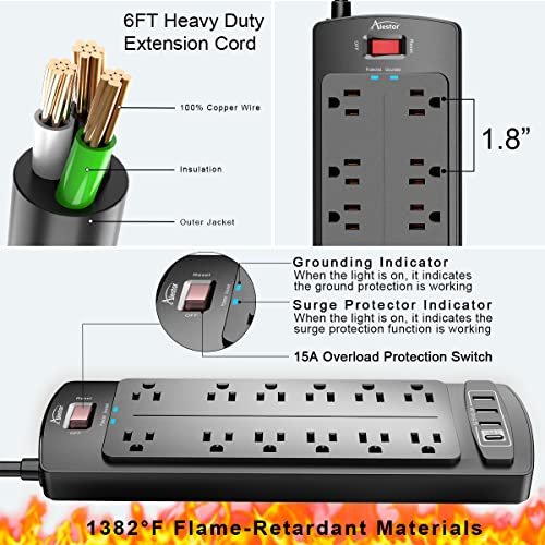 Power Strip, ALESTOR Surge Protector with 12 Outlets and 4 USB Ports, 6 Feet Extension Cord (1875W/15A), 2700 Joules, ETL Listed, Black - Image 6
