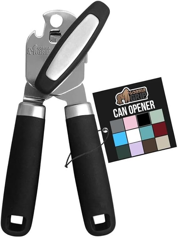 GORILLA GRIP Heavy Duty Stainless Steel Smooth Edge Manual Can Opener and Bottle Openers, Soft Comfortable Handle, Oversized Handheld Turn Knob, US De