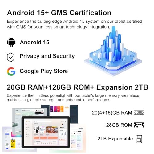 Android 15 Tablet 10.1" 20GB RAM, 128GB ROM/2TB Expandable, Quad-core 2.0GHz, HD Screen, 5G WiFi6 BT 5.0, 2-in-1 Tablets - Image 6