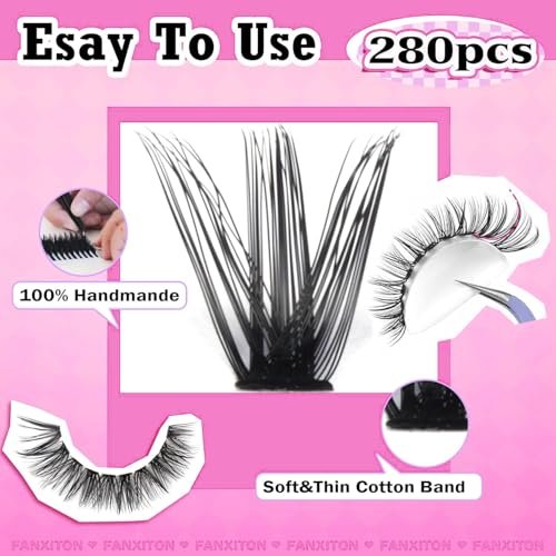 FANXITON DIY Individual Eyelash Extension Kit, Thick Volume Lash Clusters 40D+50D D Curvature, 280 Pieces Thin Band Cluster Lashes with Bond and Seal Tweezers - Image 4