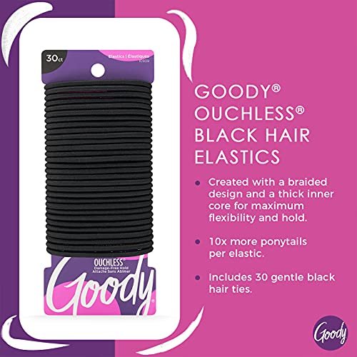 Goody Ouchless Hair Elastics – No Pull, No Breakage, Tangle-Free Hold for Thick, Curly, Coily & Textured Hair – 30 Count, Black, Long-Lasting Ponytail Holders for Women & Men - High Quality Product Image