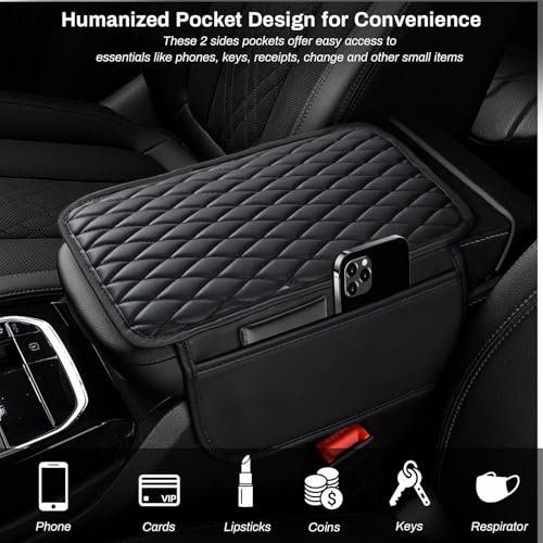 Universal Car Center Console Cover with Storage - Upgraded Microfiber Leather Armrest & 2 Bags for Organization - Image 4