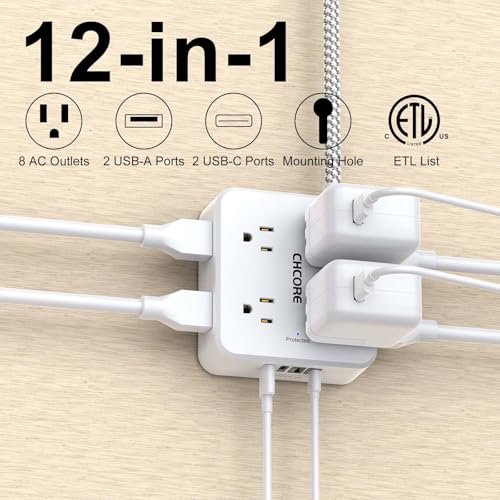 Surge Protector Power Strip - CHCORE 5Ft Braided Extension Cord with 8 Outlets with 4 USB (2 USB C) Charging Ports, Flat Plug Multi Plug Outlet Extend - Image 3