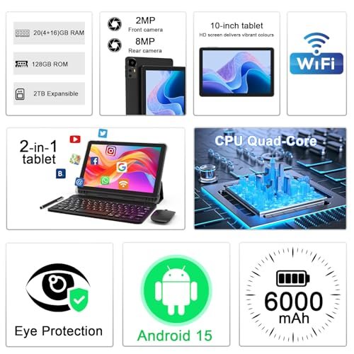 Android 15 Tablet 10.1" 20GB RAM, 128GB ROM/2TB Expandable, Quad-core 2.0GHz, HD Screen, 5G WiFi6 BT 5.0, 2-in-1 Tablets - Image 3