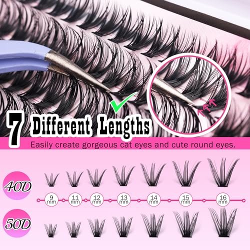 FANXITON DIY Individual Eyelash Extension Kit, Thick Volume Lash Clusters 40D+50D D Curvature, 280 Pieces Thin Band Cluster Lashes with Bond and Seal Tweezers - Image 5