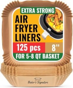 Air Fryer Paper Liners, 125Pcs Air Fryer Disposable Liners, Non-Stick and Oil Proof for Easy Cleanup, 8” Square for 5-8 qt Basket by Baker's Signature - High Quality Product Image