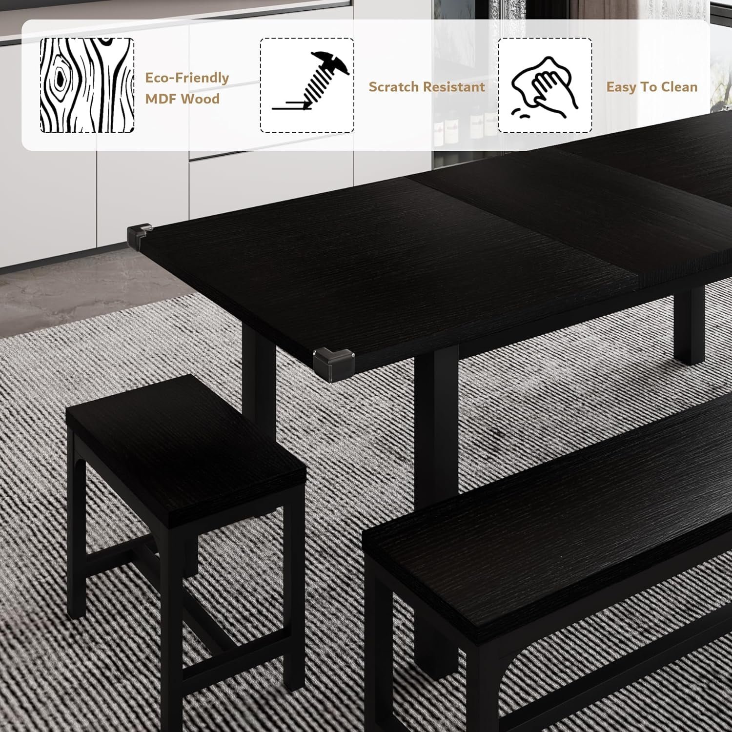 iPormis 5-Piece Dining Table Set for 4-8 People, Extendable Kitchen Table Set with 2 Benches and 2 Square Stools, Black - Image 4