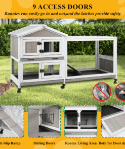 PETSCOSSET Small Animal Hutch, Indoor Outdoor Safe & Durable All-Climate Rabbit Hutch, Fir Wood Cage with Wheels - High Quality Product Image