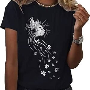 MARSVOVO Shirts for Women Cute Cat Graphic Crew Neck Short Sleeve Cotton Funny Causal Womens T Shirtst