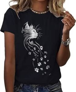 Cute Cat Crew Neck Short Sleeve Cotton Tops for Women - High Quality Product Image