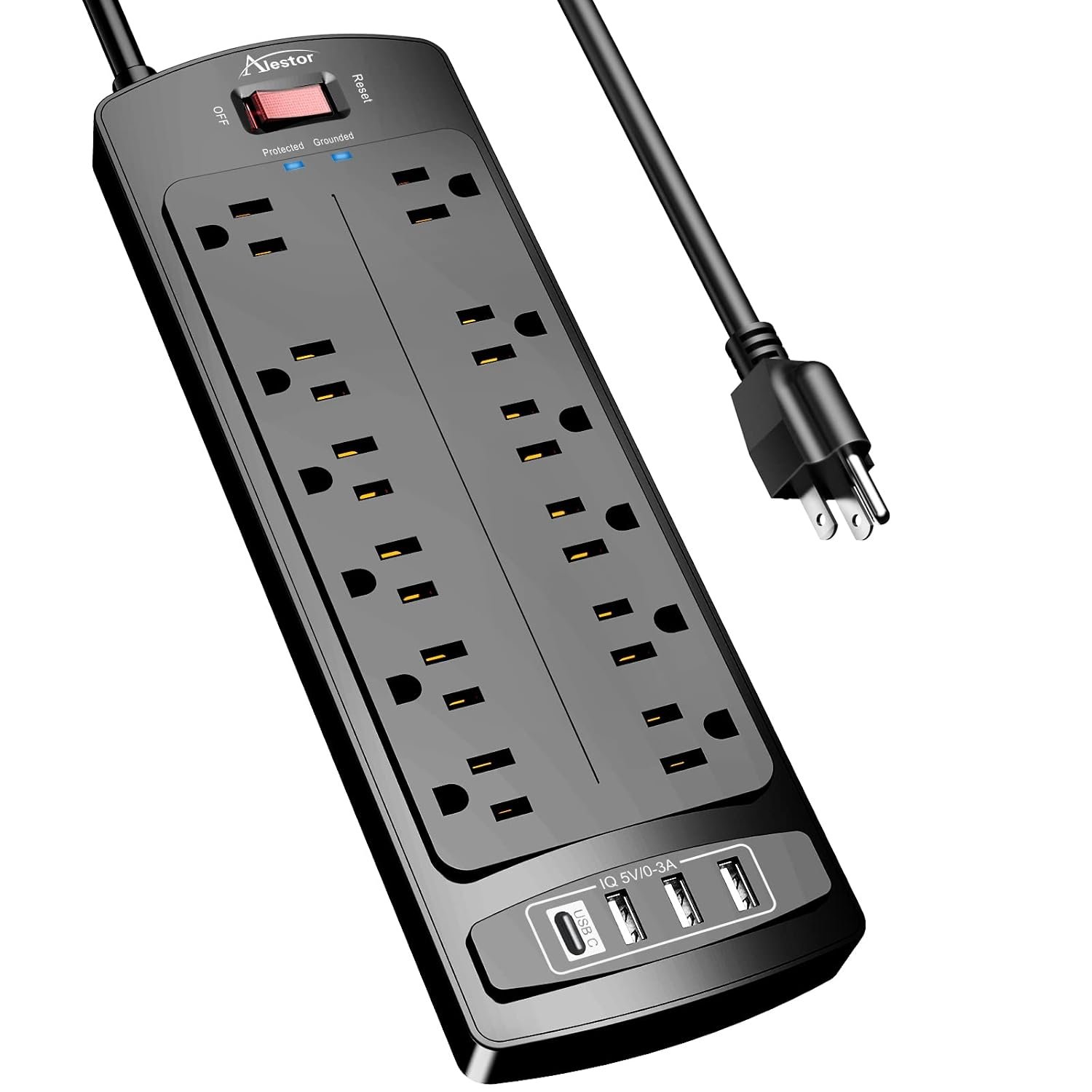Power Strip, ALESTOR Surge Protector with 12 Outlets and 4 USB Ports, 6 Feet Extension Cord (1875W/15A), 2700 Joules, ETL Listed, Black