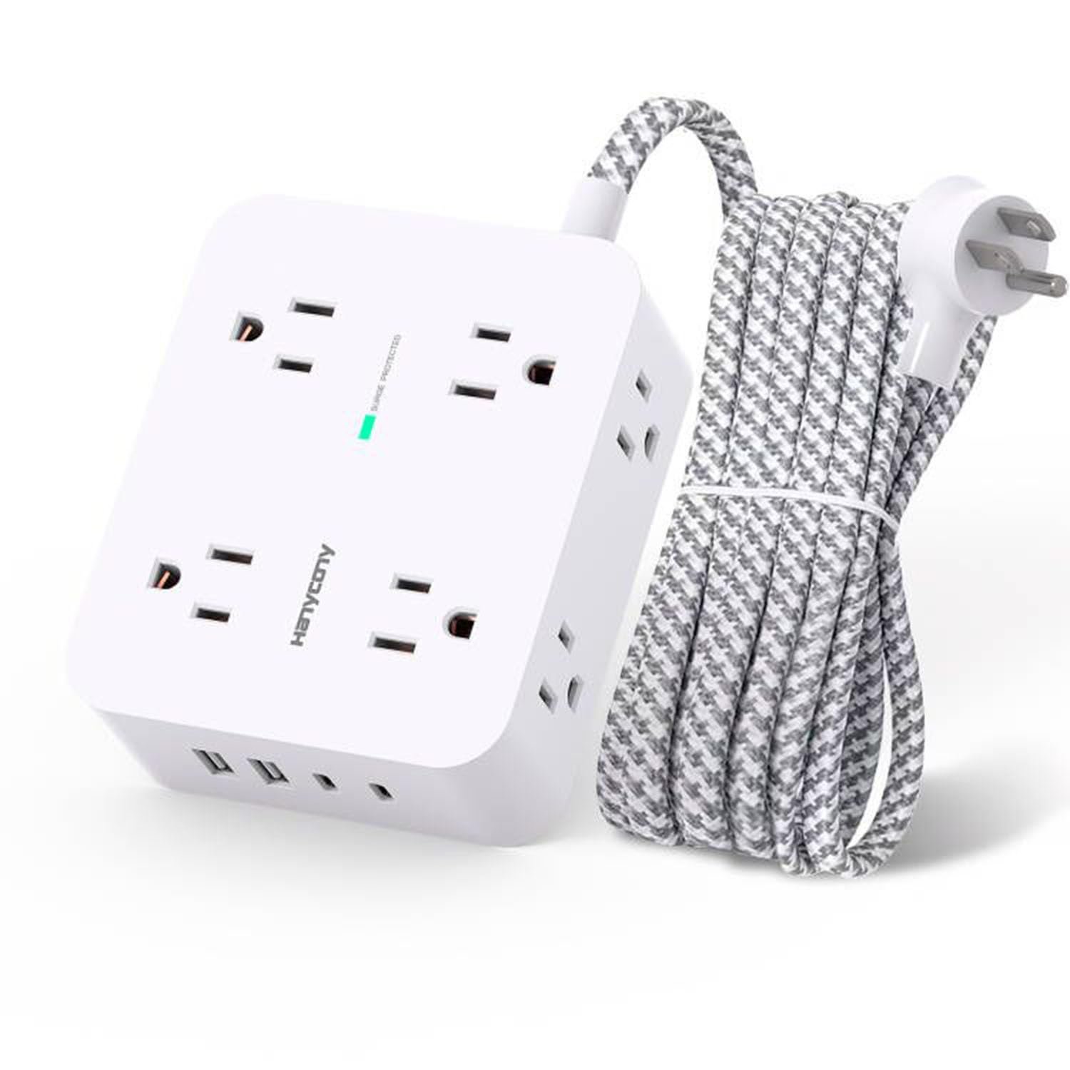 Surge Protector Power Strip - HANYCONY 8 Outlets 4 USB (2 USB C) Charging Ports, Multi Plug Outlet Extender, 5Ft Braided Extension Cord, Flat Plug Wal