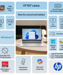 HP 15.6 inch FHD IPS Touch Windows 11 Laptop AMD Ryzen 7 7730U 16GB RAM 512GB SSD Natural Silver - High Quality Product Image
