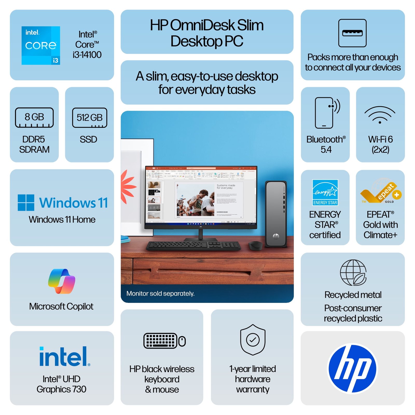 HP OmniDesk Slim Desktop PC Intel Core i3 8GB RAM 512GB SSD Windows 11 Home Meteor Silver - Image 3