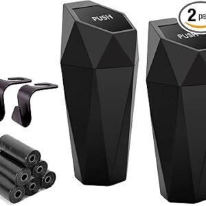 Ginsco Car Trash Can Cup Holder, 2 Pack Mini Trash Can with Lid, Car Accessories for Interior, Leakproof Small Trash Cup for Home with Additional 2 ABS Hooks and 90pcs Trash Bags Black